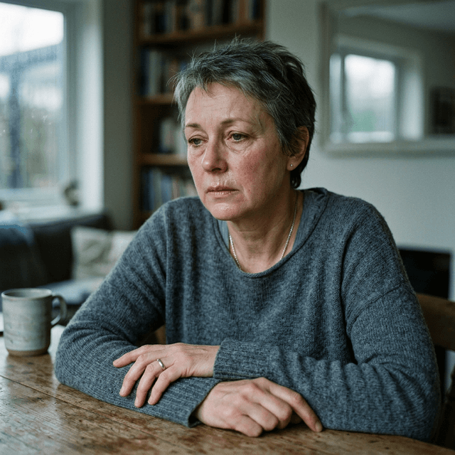 Mulher reflexiva representando os sintomas da menopausa